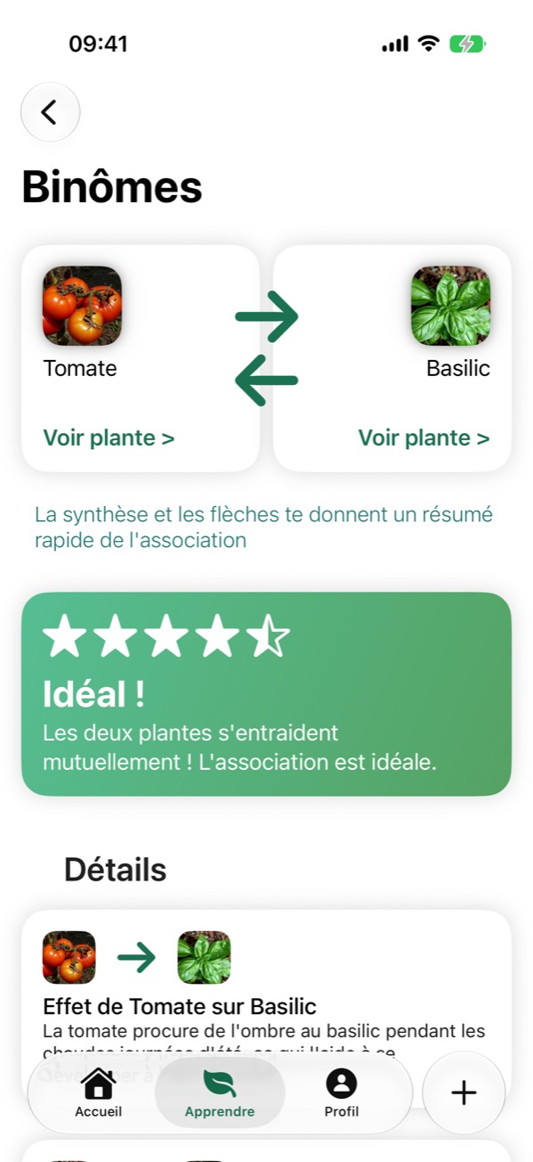 The app's pairing screen: tomato and basil, with the effect arrows and the verdict.