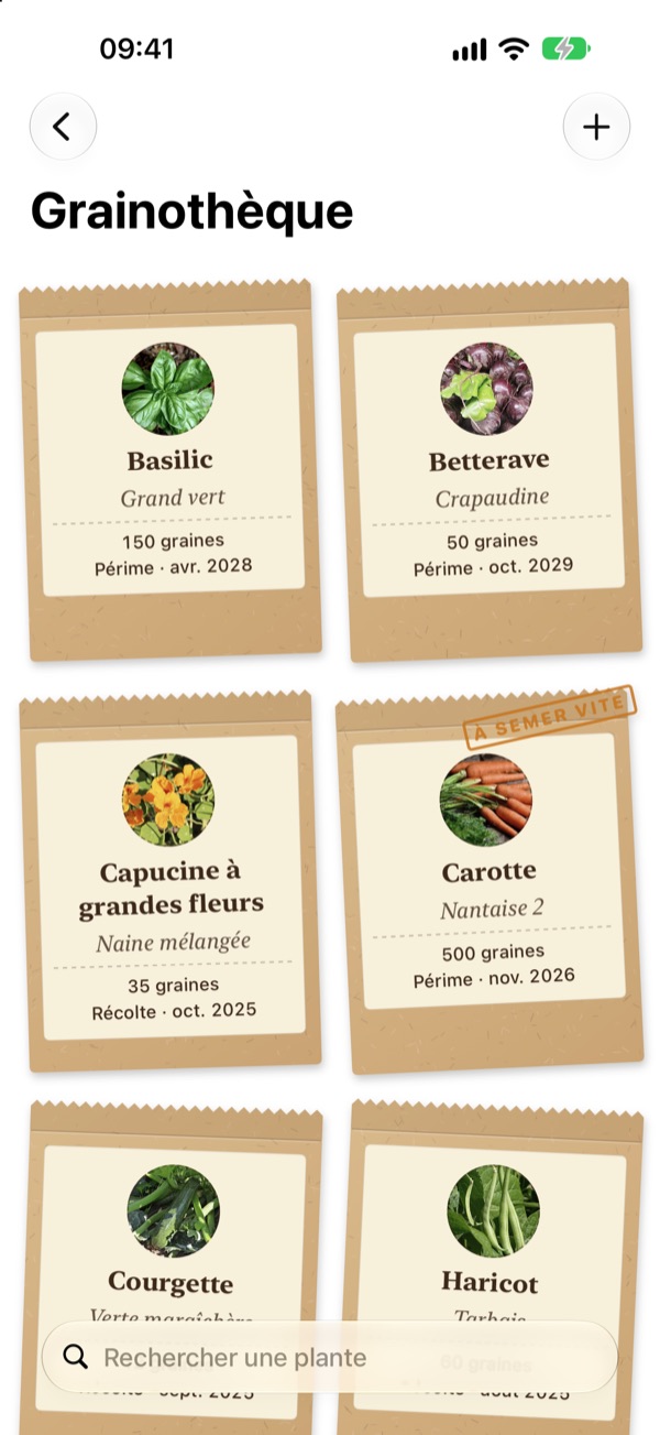 La grainothèque : des sachets de basilic, betterave, capucine, carotte, courgette et haricot, chacun avec sa variété, son nombre de graines et sa date ; la carotte porte le tampon « À semer vite ».