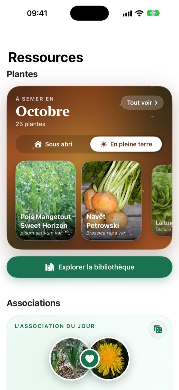 L'onglet Ressources : les plantes à semer en octobre, en pleine terre, puis l'association du jour.