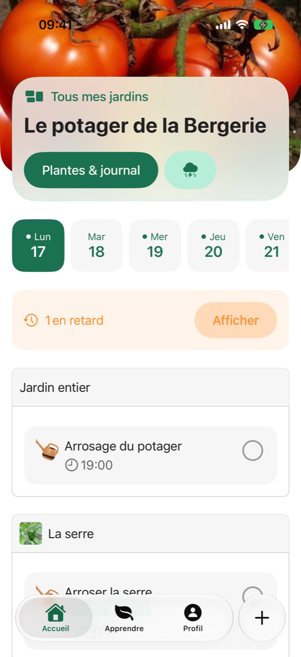 The app's home screen: a garden called Le potager de la Bergerie, the days of the week and today's reminders.